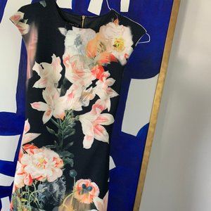 Ted Baker black floral cap sleeve bodycon dress